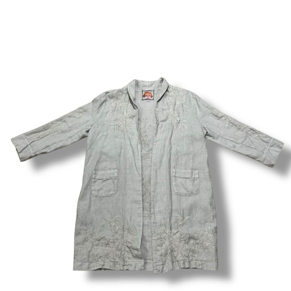 Johnny Was Sadie Linen Coat L Gray Open Front Boho Resort Layering Piece